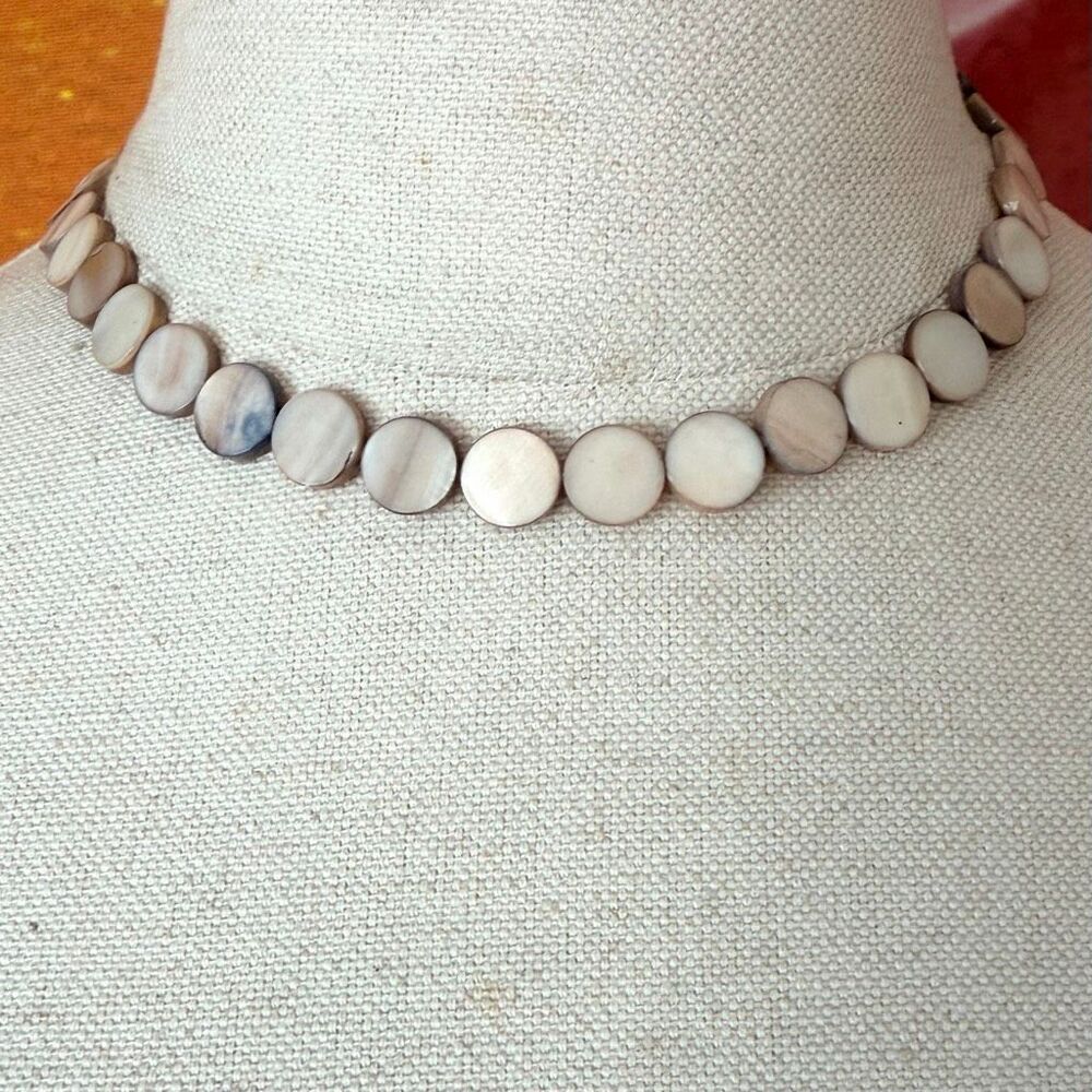 Mother of Pearl Shell Coin Disc Beaded Necklace Silver Tone Toggle Clasp